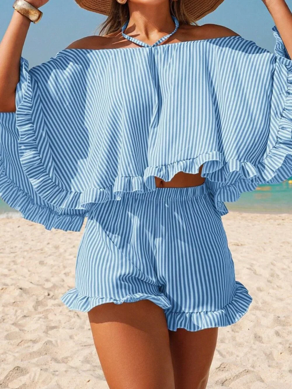 Blue And White Women's Vacation Beach French Casual Striped Strapless Camisole